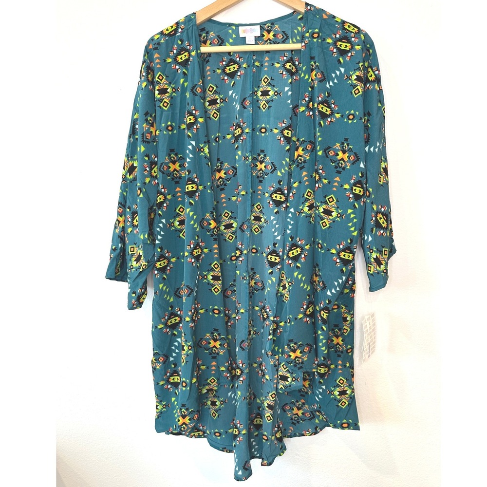 LuLaRoe Lindsay Kimono Cardigan Teal Green Tribal Geometric Print NWT Size L